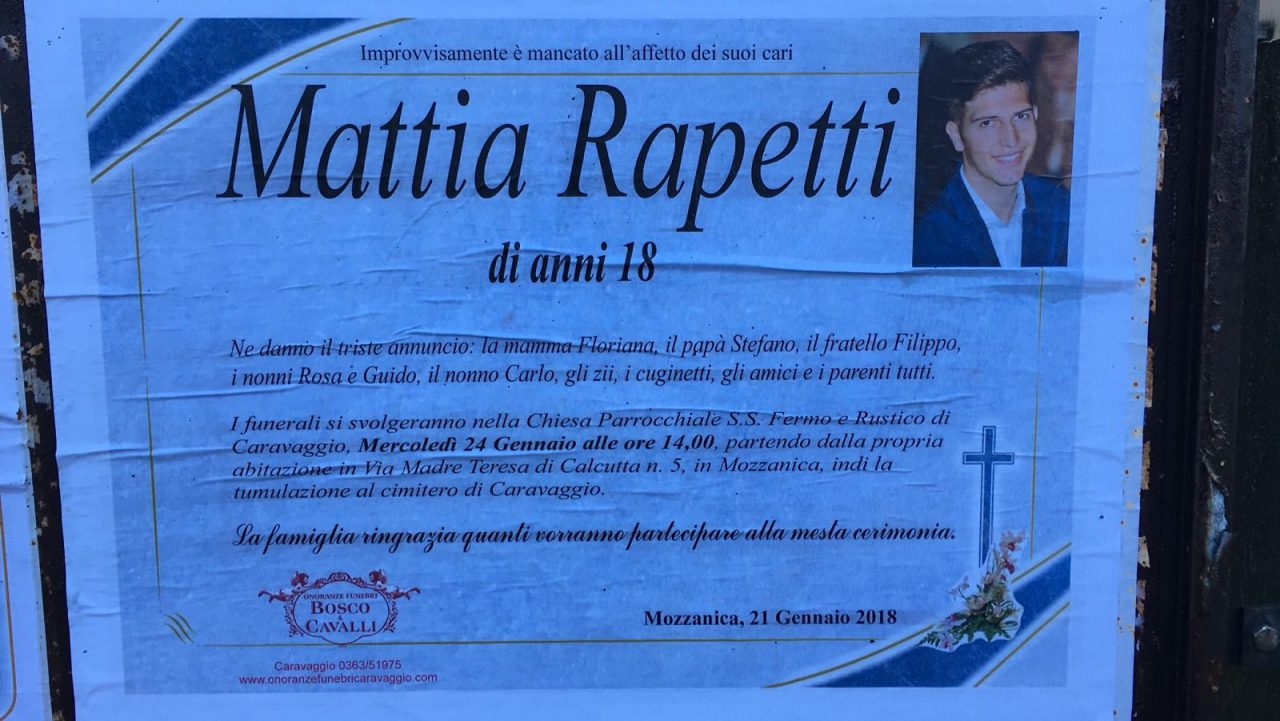 Addio a Mattia Rapetti, si è spento a 18 anni per un’influenza