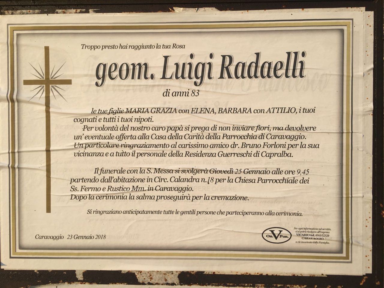 Caravaggio saluta l’ex sindaco Dc, addio a Luigi Radaelli