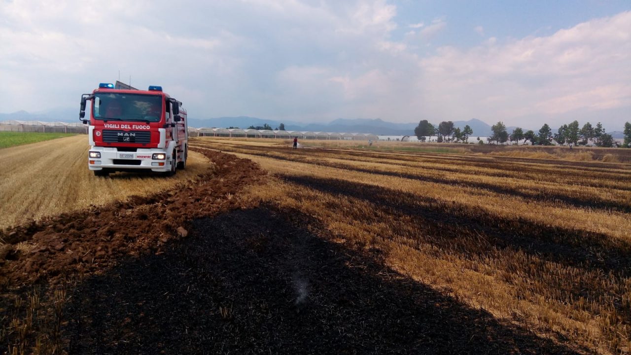Brucia un campo, pompieri al lavoro a Cividate