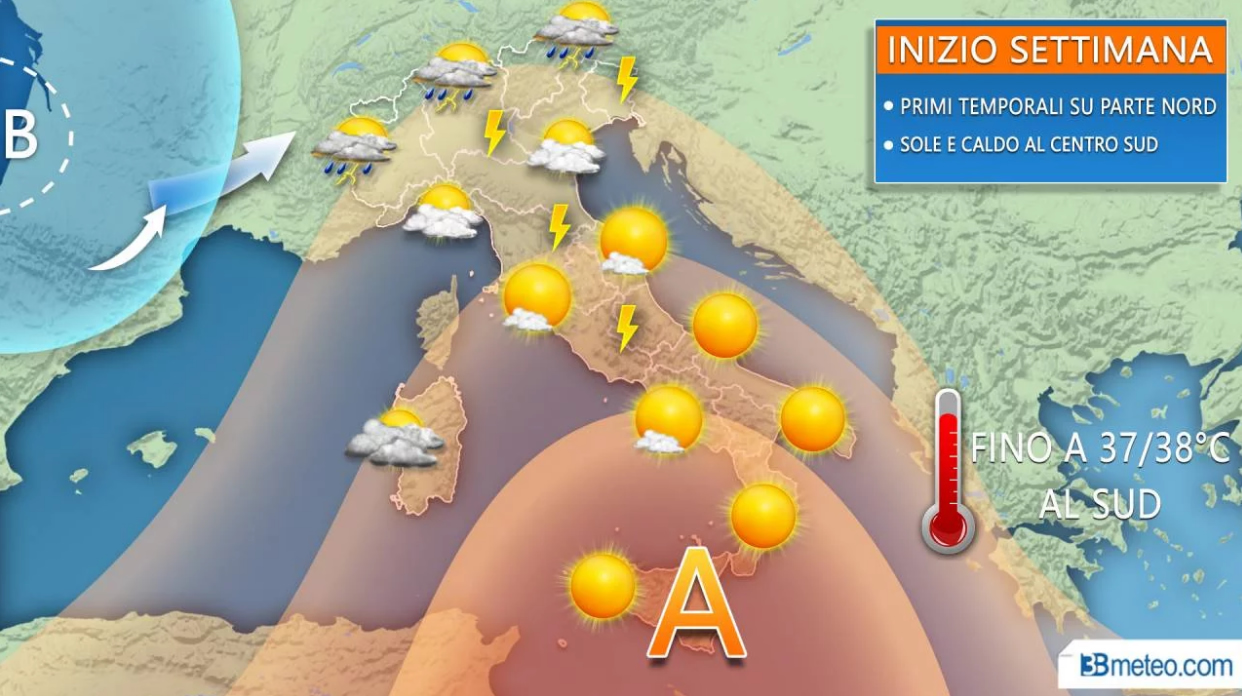 Picco del caldo africano e qualche temporale al Nord ma lunedì cambia tutto