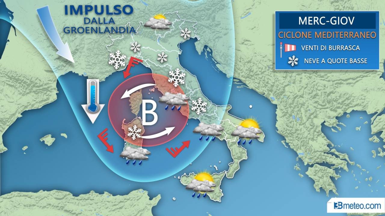 Arriva il ciclone mediterraneo: maltempo, vento e neve