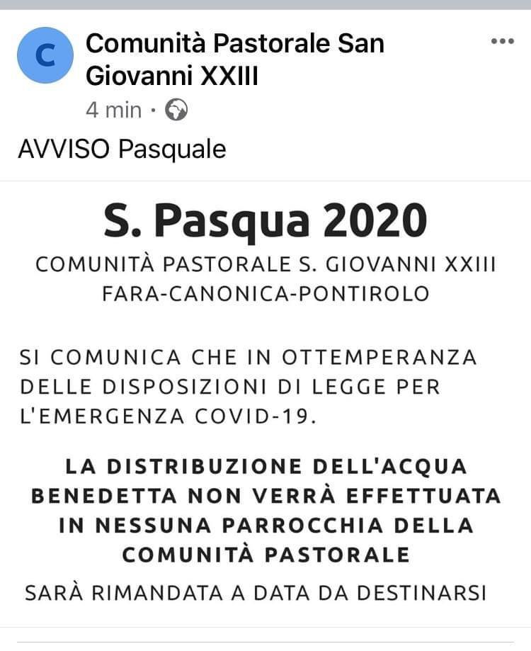 La Parrocchia fa dietrofront: niente distribuzione dell’acqua benedetta in chiesa