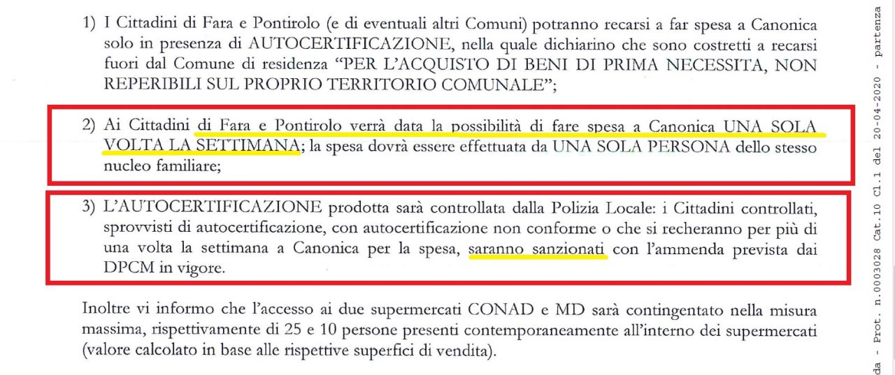 Cerea blinda Canonica: “Da Fara e Pontirolo potete venire solo una volta a settimana”  IL DOCUMENTO