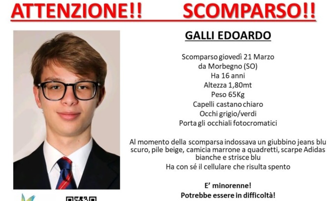 Si cerca il 17enne Edoardo Galli: l’ultimo avvistamento sulle Orobie