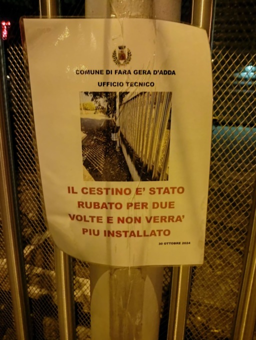 La provocazione dell’Ufficio Tecnico: “Cestino rubato? Non verrà sostituito”