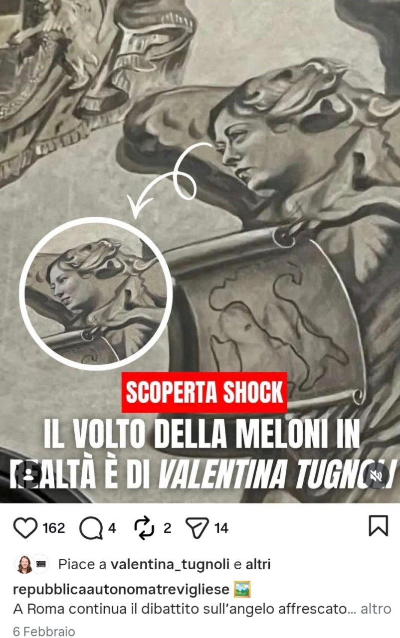 L'angelo affrescato di Roma? Non poteva che raffigurare Valentina Tugnoli, altro che la premier Giorgia Meloni